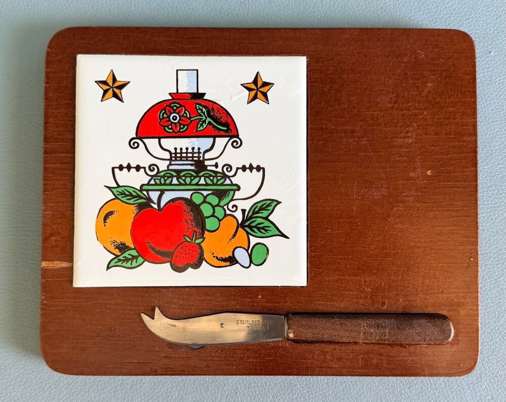 Vintage Wood Cheese Board Ceramic Tile Trivet Hurricane Lamp Fruit + Knife